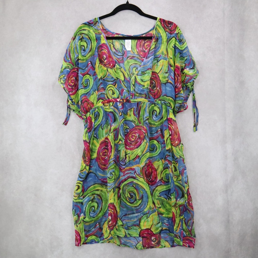 Boho Floral Swirl Sheer Festival Beach VTG Colorful Tunic Cover Up Dress L Large